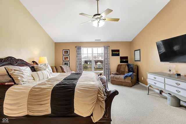 bedroom with carpet, vaulted ceiling, and ceiling fan