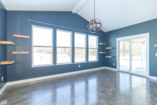 spare room with lofted ceiling with beams, dark hardwood / wood-style floors, and a notable chandelier