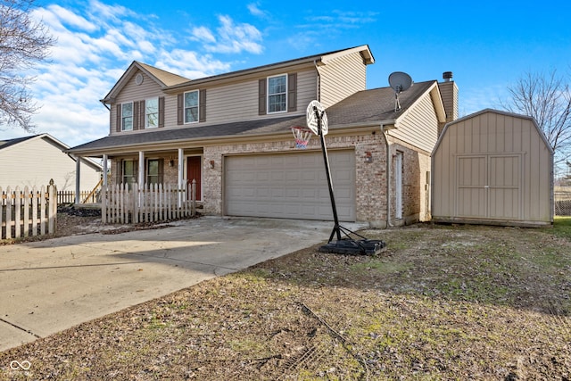 front facade with a storage shed, covered porch, and a garage