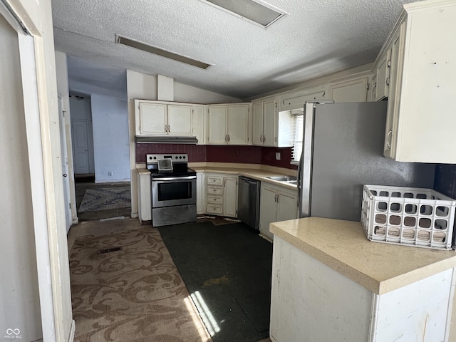 kitchen featuring appliances with stainless steel finishes, sink, vaulted ceiling, and a textured ceiling