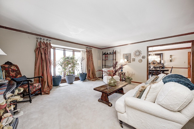 living room featuring ornamental molding and carpet flooring