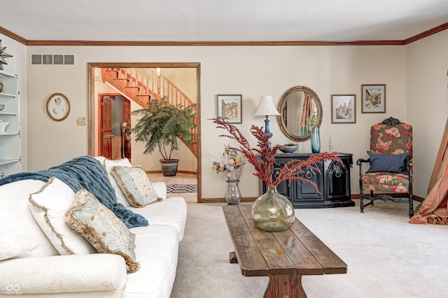 carpeted living room featuring crown molding