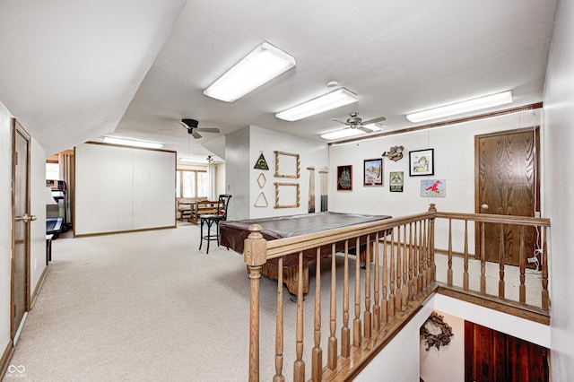 playroom with light carpet, ceiling fan, pool table, and lofted ceiling