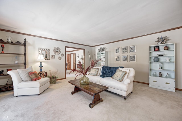 living room with light colored carpet and crown molding