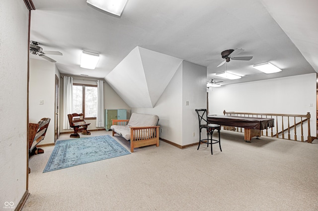 bedroom with carpet, pool table, and lofted ceiling