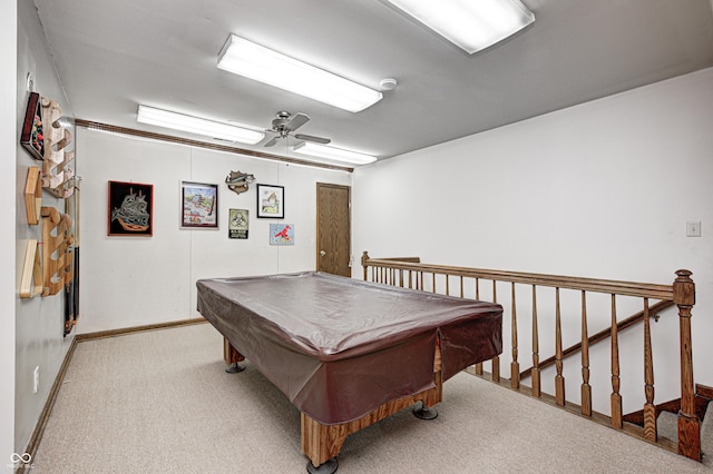 recreation room featuring light carpet, ceiling fan, and billiards