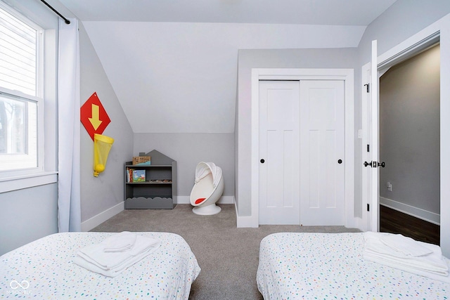 bedroom featuring carpet flooring, multiple windows, a closet, and vaulted ceiling