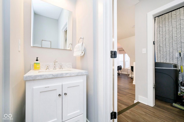 bathroom featuring hardwood / wood-style floors and vanity