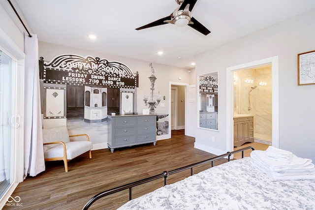 bedroom with ensuite bath, ceiling fan, and hardwood / wood-style flooring