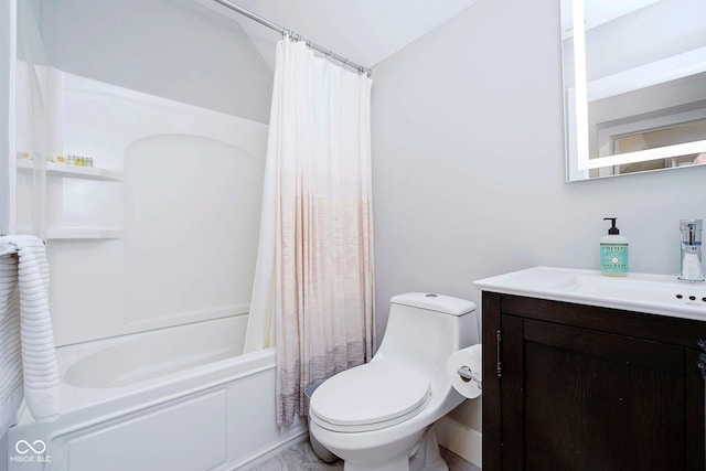 full bathroom with vanity, toilet, and shower / tub combo with curtain