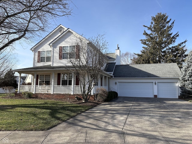 view of front of property with a garage, covered porch, and a front yard