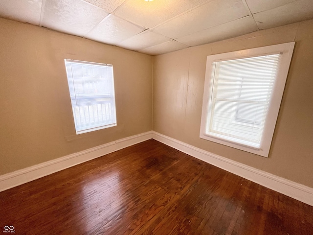 empty room with wood-type flooring and a drop ceiling