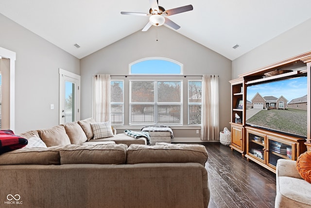 living room with vaulted ceiling, ceiling fan, and dark hardwood / wood-style floors