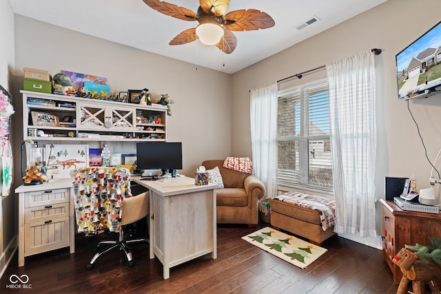 office space featuring ceiling fan and dark wood-type flooring