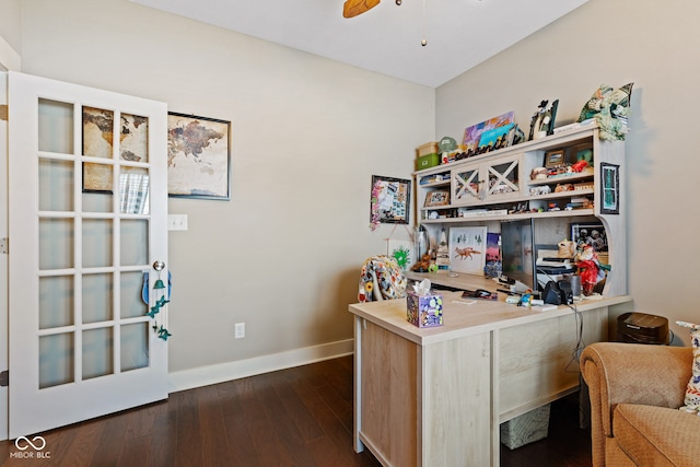 office area with dark hardwood / wood-style floors and ceiling fan