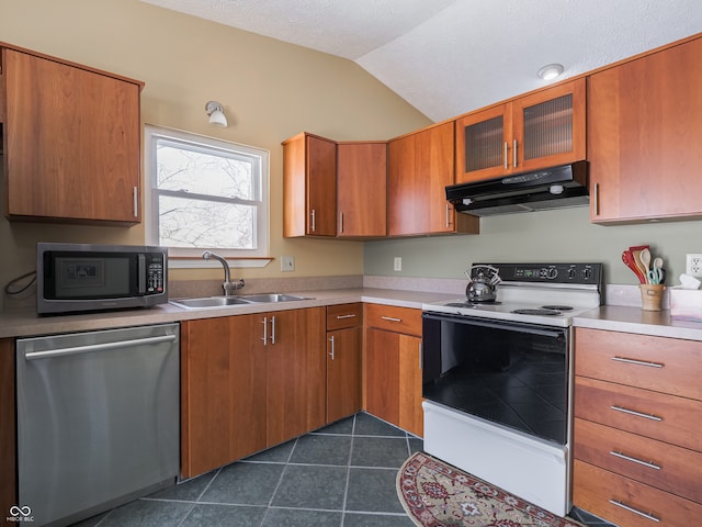 kitchen featuring sink, vaulted ceiling, dark tile patterned floors, a textured ceiling, and appliances with stainless steel finishes