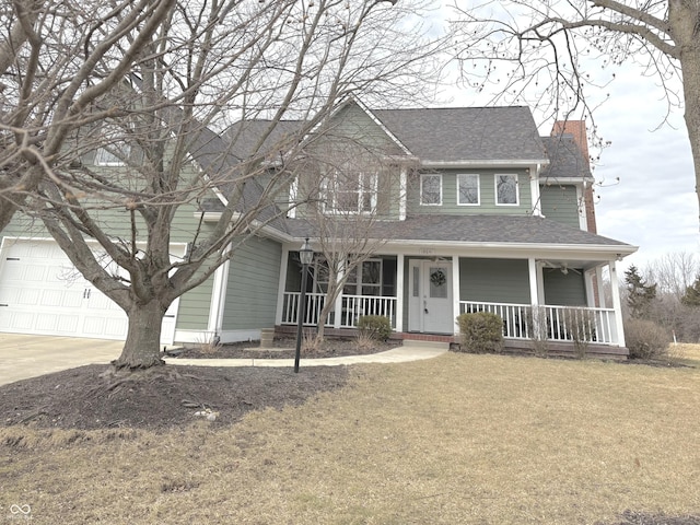 view of front of property featuring a porch, driveway, roof with shingles, a front lawn, and a chimney