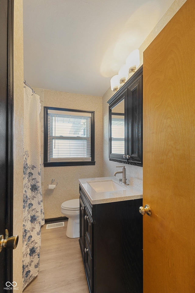 bathroom featuring hardwood / wood-style floors, vanity, and toilet