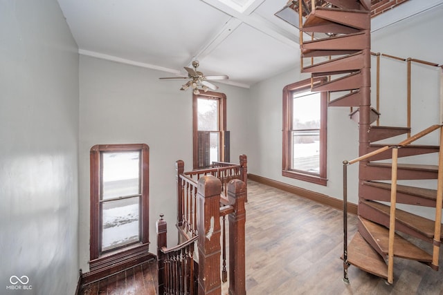 corridor with beam ceiling, plenty of natural light, and hardwood / wood-style floors