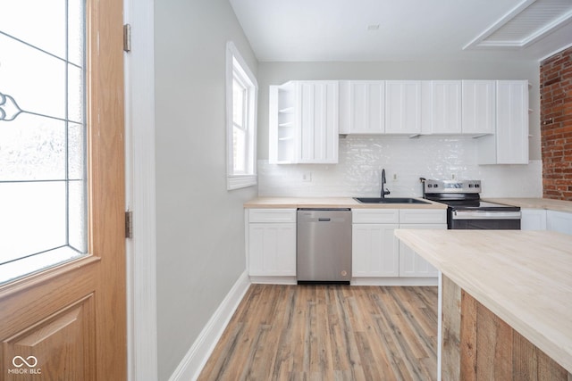 kitchen featuring sink, decorative backsplash, appliances with stainless steel finishes, light hardwood / wood-style floors, and white cabinetry