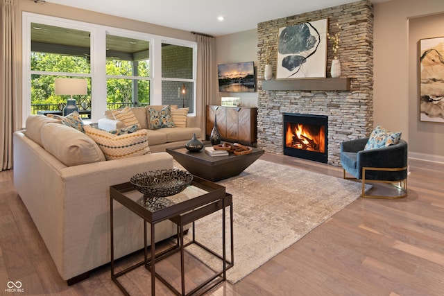 living room with a stone fireplace and wood-type flooring