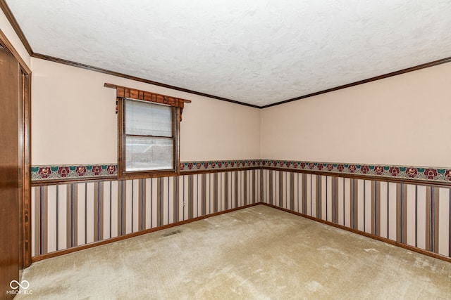 carpeted spare room featuring crown molding and a textured ceiling