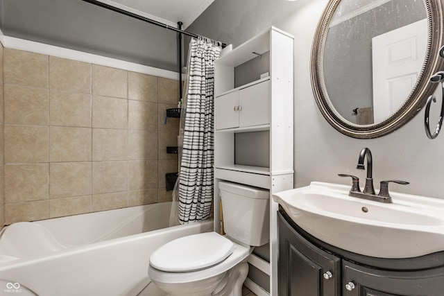 full bathroom with shower / tub combo, vanity, and toilet