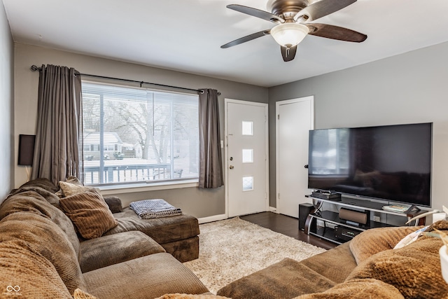 living room with ceiling fan and dark wood-type flooring