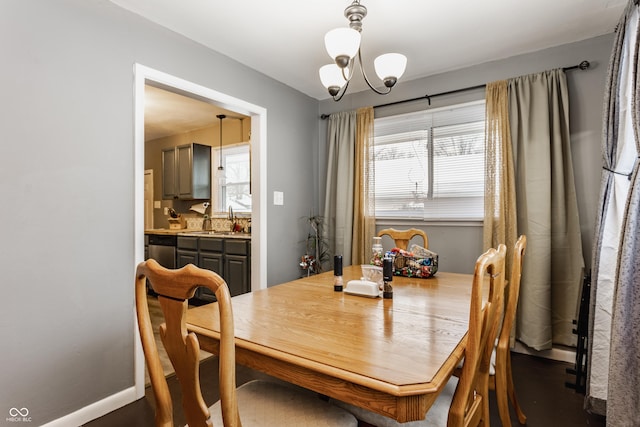 dining area featuring a notable chandelier and sink