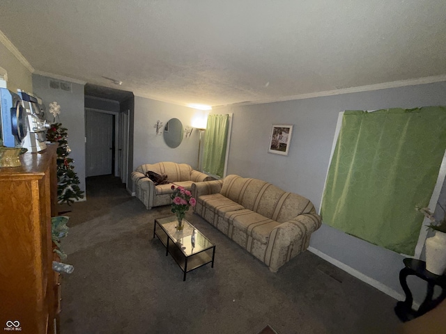 carpeted living room with a textured ceiling and ornamental molding