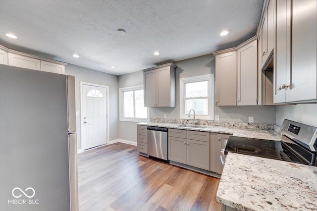 kitchen featuring light wood-type flooring, gray cabinets, stainless steel appliances, and a sink