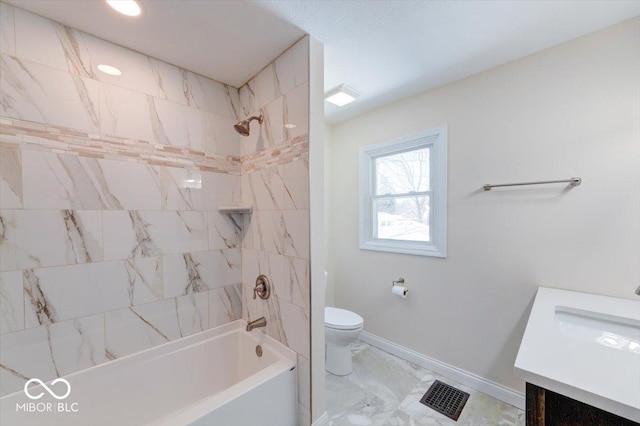 bathroom featuring toilet, vanity, baseboards, marble finish floor, and  shower combination