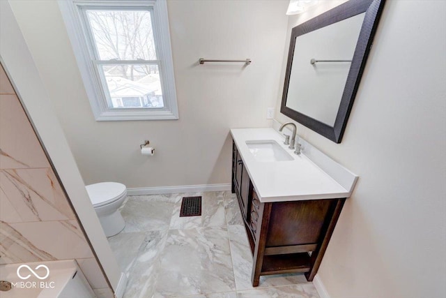 full bath with baseboards, visible vents, toilet, marble finish floor, and vanity