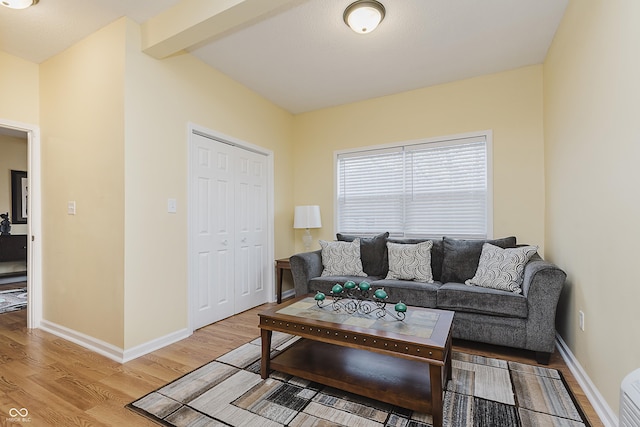 living room featuring beamed ceiling and wood-type flooring