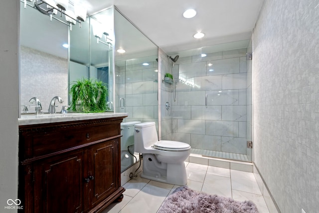 bathroom featuring toilet, walk in shower, vanity, and tile patterned flooring