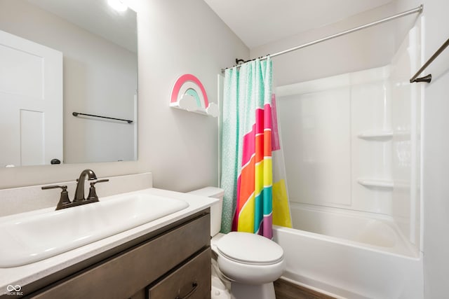 full bathroom featuring toilet, shower / bath combination with curtain, wood-type flooring, and vanity