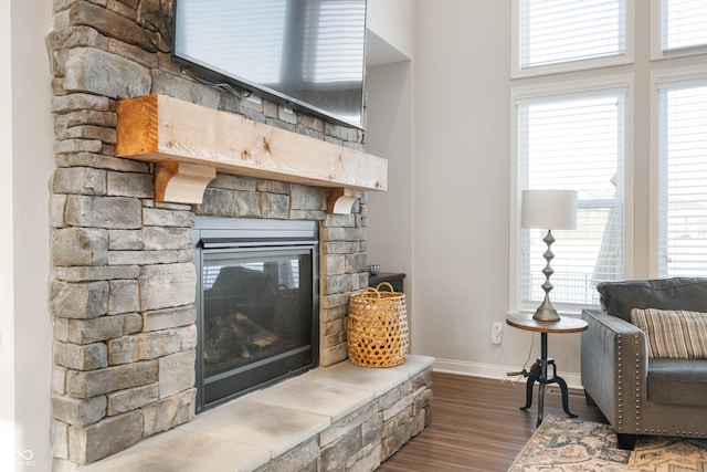 living room featuring a healthy amount of sunlight, a fireplace, and hardwood / wood-style floors