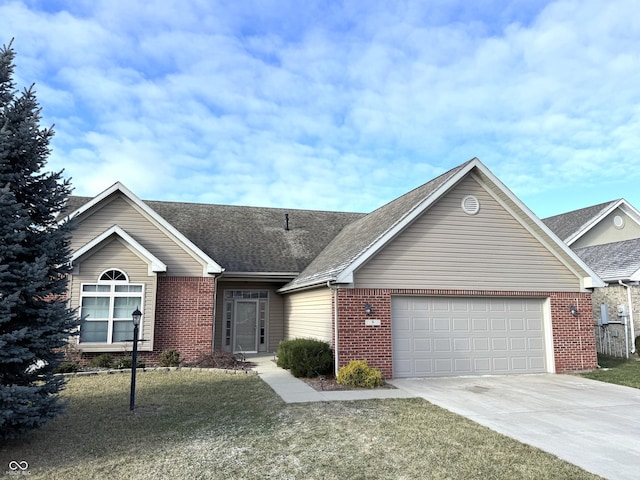 single story home featuring a front yard and a garage