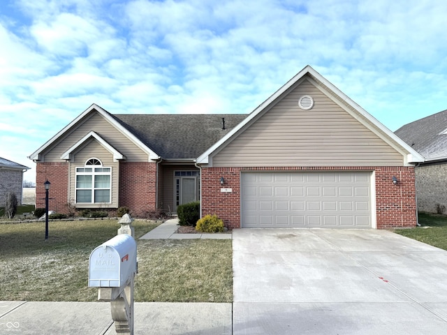 ranch-style home with a front yard and a garage