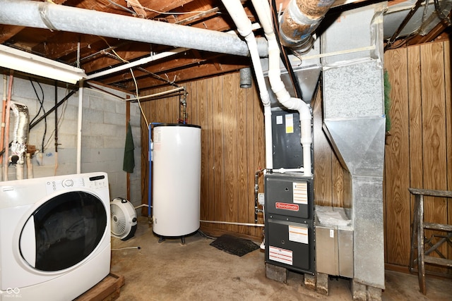 washroom with washer / clothes dryer, heating unit, and gas water heater