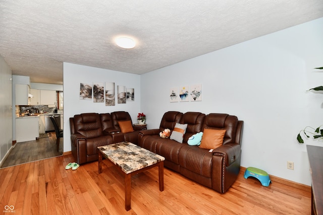 living room featuring a textured ceiling and light hardwood / wood-style floors