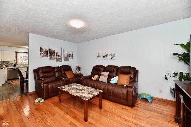 living room featuring light hardwood / wood-style floors and a textured ceiling