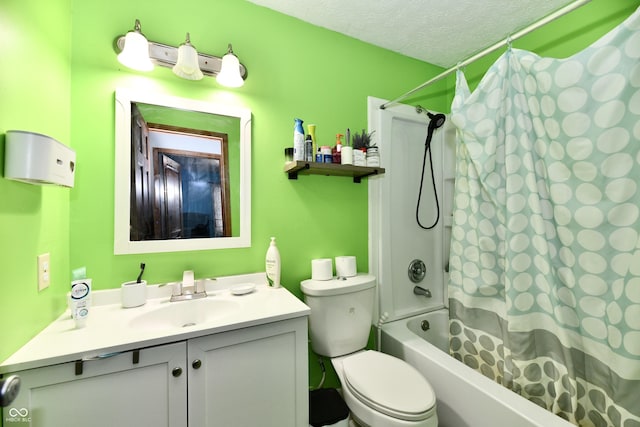 full bathroom featuring vanity, shower / tub combo, a textured ceiling, and toilet