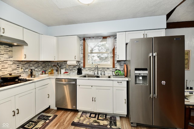 kitchen with ventilation hood, white cabinets, sink, and appliances with stainless steel finishes