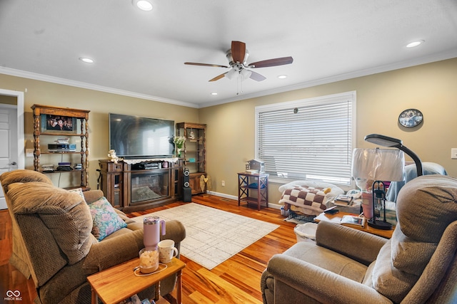 living room featuring light hardwood / wood-style flooring, ceiling fan, and crown molding