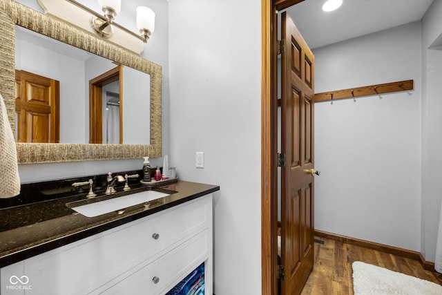 bathroom with wood-type flooring and vanity