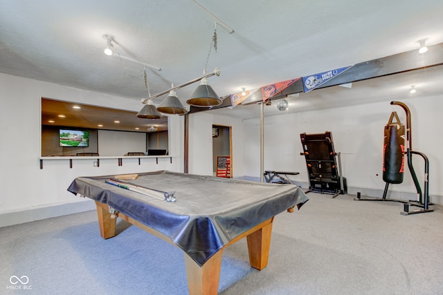 recreation room with light colored carpet and billiards