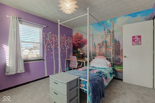 bedroom with light carpet and a textured ceiling