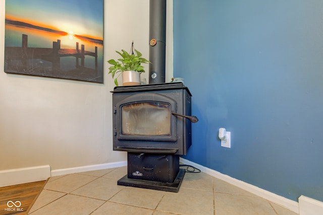 interior details featuring a wood stove