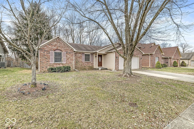 ranch-style house with a front yard, a garage, and central AC unit